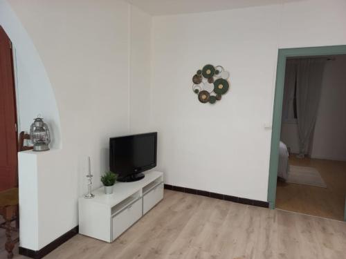 un salon avec une télévision sur un mur blanc dans l'établissement Superbe appartement proche rivière, à Bessèges