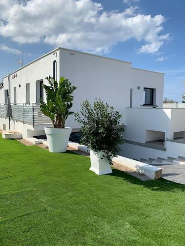 a white building with two potted plants in a yard at Rosalia Homestay - Ponente Apartment in Cinisi