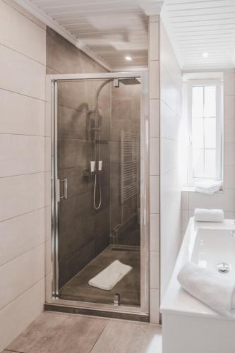 a bathroom with a shower and a sink at Hotel Aurora in Kappeln