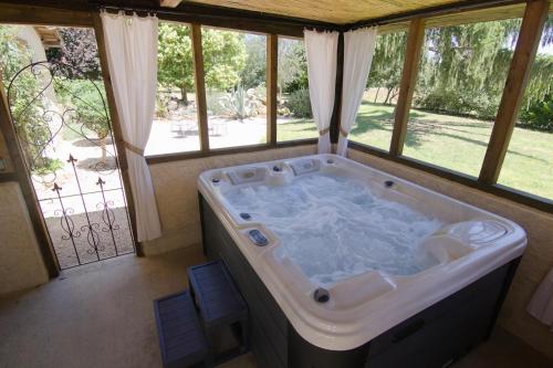 uma grande banheira num quarto com janelas em Au Bel Air em Clermont-Pouyguilles
