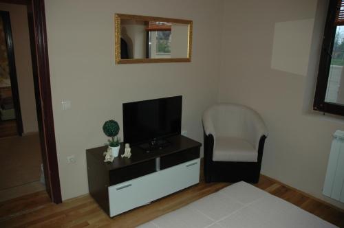 a living room with a television and a chair at Guest House Maja in Novi Sad
