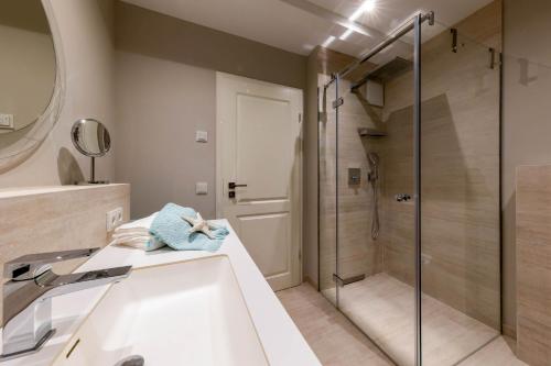 a bathroom with a shower and a sink at Haus Sylter Inselglück in Tinnum
