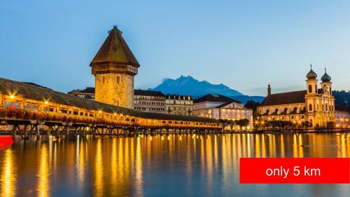 a train on a bridge over a body of water at Hotel Felmis in Luzern