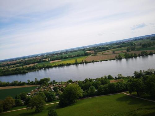 an aerial view of a large river with a town at GreenLeaf Walhalla-Apartment - Highspeed WLAN - Netflix - Südbalkon in Tegernheim