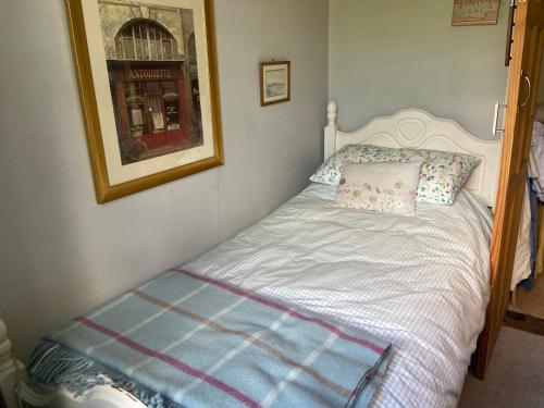 uma cama num quarto com uma fotografia na parede em Comfy Cosy Room Tv fridge microwave em Upton