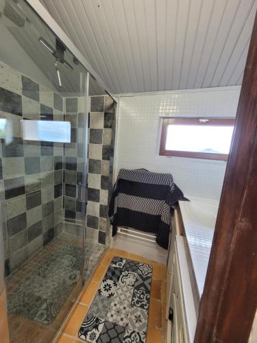 uma pequena casa de banho com um chuveiro e um banco em Gîte de Charme proche Loire à Vélo avec Jacuzzi Privatif em Savonnières
