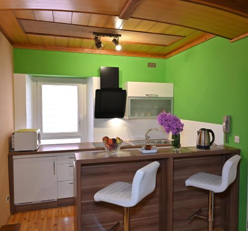 ピランにあるApartment Mazzaの緑の壁のキッチン、カウンター(2脚のスツール付)