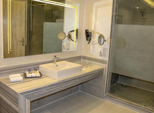 a bathroom with a sink and a shower at Pickalbatros Jungle Aqua Park - Neverland Hurghada in Hurghada