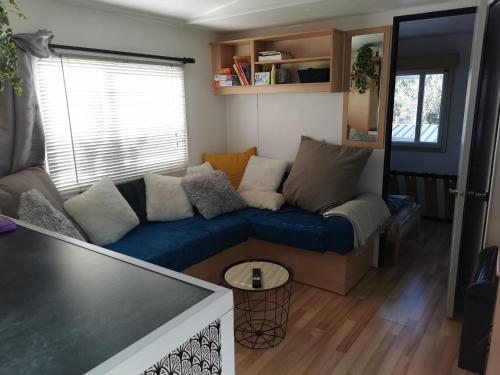 salon z niebieską kanapą przed oknem w obiekcie Dépendance cosy entre jardin et jacuzzi privés et piscine partagée w mieście Aubagne