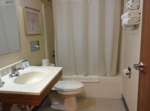a bathroom with a sink and a toilet and a shower at Travelodge by Wyndham Hudsonville in Hudsonville