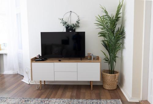 a tv on a white cabinet in a living room with two plants at 2ndhomes City Center 2BR Apartment by the Finnish National Theatre with Balcony and Park View in Helsinki