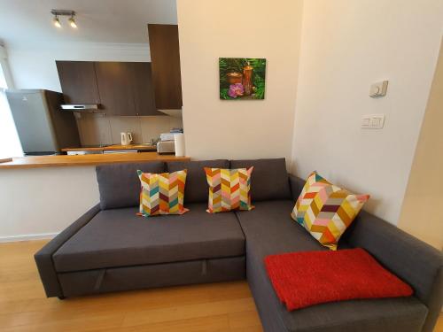 - un salon avec un canapé gris et des oreillers colorés dans l'établissement Chez Esmara et Philippe Grand-Place, à Bruxelles