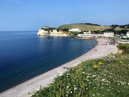 a view of a beach with people in the water at Temperance in Freshwater