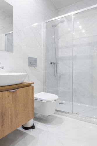 a bathroom with a shower and a toilet and a sink at ORM Carregal Apartment in Porto