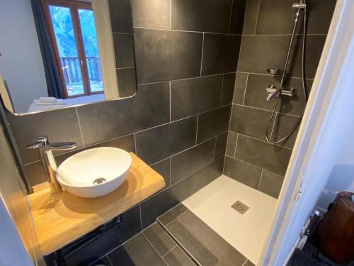 a bathroom with a sink and a shower at RestAuberge La Reine Meije in La Grave