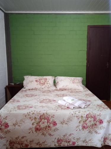 a bedroom with a bed with a green wall at Pousada Longe Vista in Tibagi