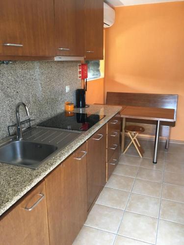 a kitchen with a sink and a table in it at Palheiro do Vale do Paiva in Cabril