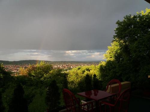 a table and chairs with a view of a city at B&B Vila Vidikovac in Arandjelovac