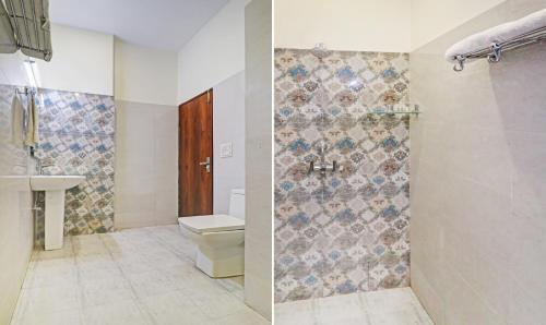 two pictures of a bathroom with a toilet and a shower at Treebo Magnum Chandigarh in Mohali