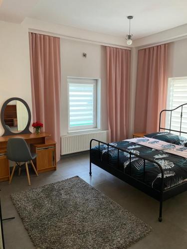 a bedroom with a bed and a desk and a mirror at Apartamenty pod Wierzbami in Dwikozy