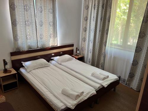 a bedroom with a bed with two pillows and a window at Claudia in Eforie Sud