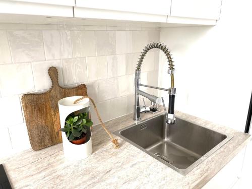 d'un comptoir de cuisine avec un évier et une plante. dans l'établissement Cabourg-la plage à vos pieds, à Cabourg