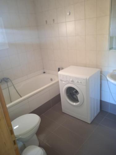 a bathroom with a toilet and a washing machine at Ligeris house 1 in Agioi Deka in Áyioi Dhéka