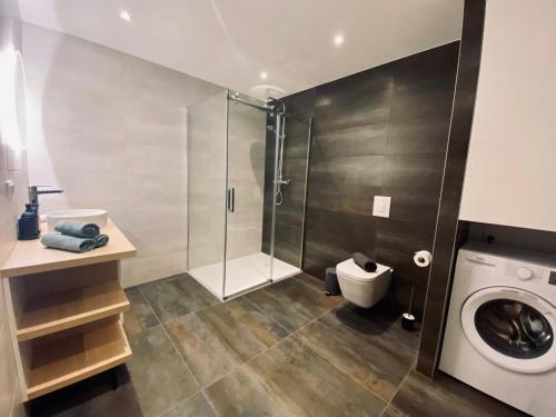 een badkamer met een douche en een wasmachine bij NEW Le Cocon Des Humanistes in Sélestat