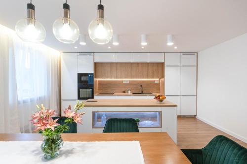 克雷姆尼察的住宿－Apartmán Balancier，厨房以及带桌椅的用餐室。