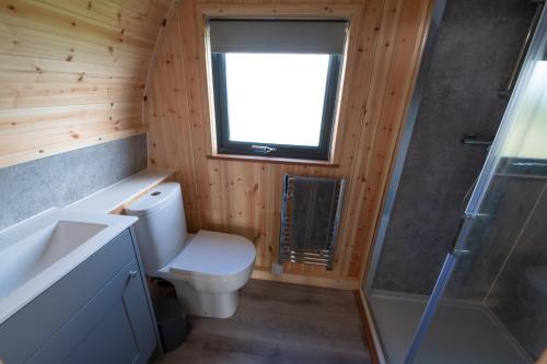 La salle de bains est pourvue de toilettes, d'un lavabo et d'une douche. dans l'établissement 21 Callanish Luxury Pod, à Callernish