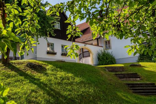 una casa en una colina con césped verde en Theater- und Feriendorf Königsleitn GmbH en Litschau