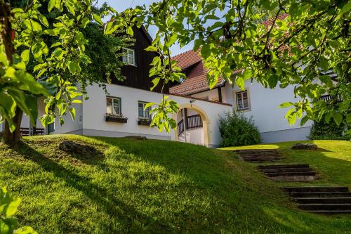 ein Haus auf einem Hügel mit grünem Gras in der Unterkunft Theater- und Feriendorf Königsleitn GmbH in Litschau