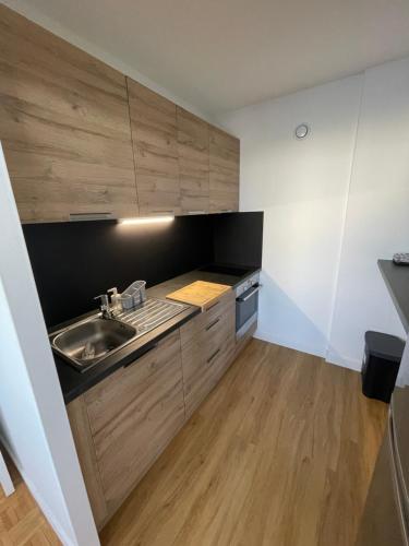 a small kitchen with wooden cabinets and a sink at Appartement T1 Confort Tête d'Or Doua - Parking Gratuit in Villeurbanne