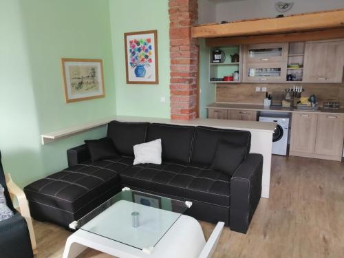 a living room with a black couch and a kitchen at Apartmán Šumperk in Šumperk