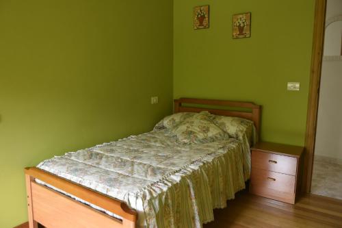 a green bedroom with a bed and a wooden dresser at Casa Farruquitas in Cervo