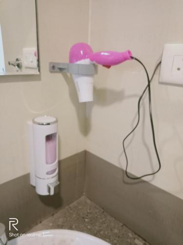 a bathroom with a pink blow dryer hanging from a wall at Ronnie's Studio Apartment in Arpora