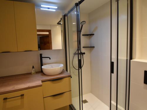 une salle de bain avec un lavabo et une douche dans l'établissement Appartement 2 chambres avec piscine et wifi, proche centre Megève - FR-1-453-101, à Megève
