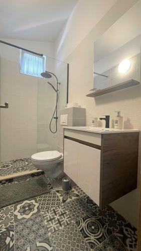 a bathroom with a toilet and a sink and a shower at Apartments Milas in Trogir