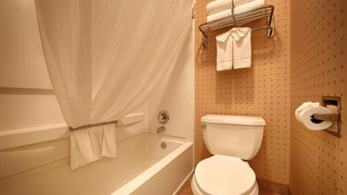 a bathroom with a white toilet and a bath tub at Mission Bay Inn San Diego in San Diego