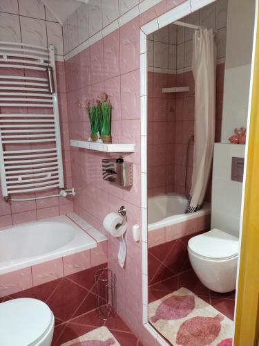 a pink bathroom with a tub and a toilet and a sink at Apartament Sielsko-Wiejsko in Szczytna