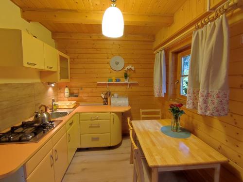 a kitchen in a log cabin with a wooden floor at Domki Na Źródlanej in Międzybrodzie Bialskie