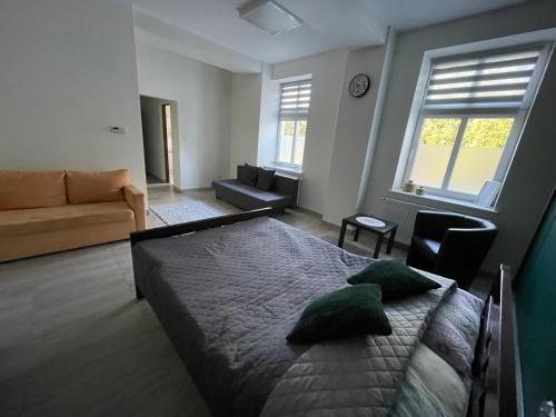 um quarto com uma cama e uma sala de estar em Apartamenty Trzciana em Rzeszów
