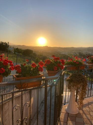 a view of the sunset from a balcony with flowers at Casa dello Yoga Suite e Private Spa in Colonnella