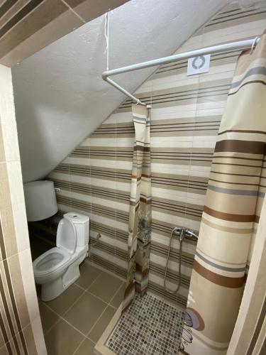 a bathroom with a toilet and a shower curtain at Apartman Marija in Ulcinj
