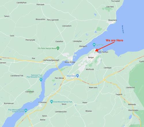 a map of a road with a red marker at Sparkling Space - Twin or King Beds in Bangor