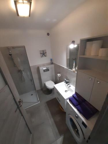 uma casa de banho com um WC, um lavatório e um chuveiro em Cichy port Darlowo em Darłowo
