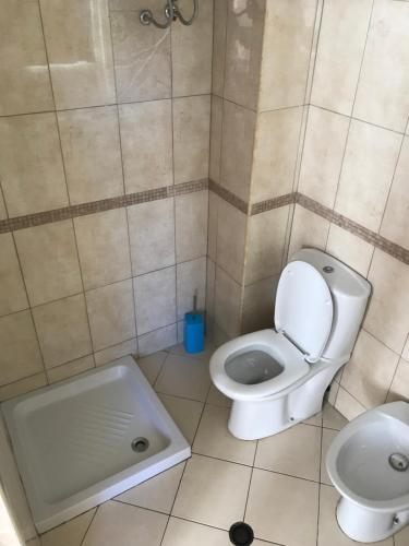 La salle de bains est pourvue de toilettes et d'un lavabo. dans l'établissement Sea View Apartment Shkëmbi i Kavajes, à Durrës