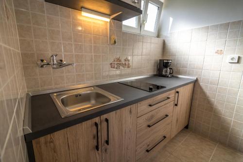 a small kitchen with a sink and a counter at Apartmani Tonkica in Supetarska Draga