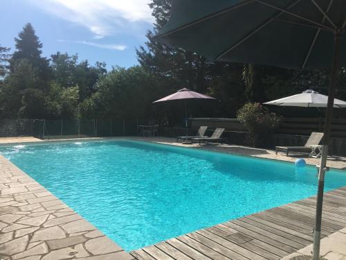 une grande piscine bleue avec un parasol et des chaises dans l'établissement La Roulotte des Bords de Saône, à Massieux