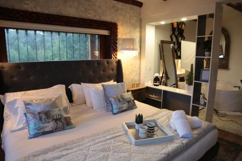 a bedroom with a large bed with a large mirror at Hotel Boutique Guatika in Tibasosa